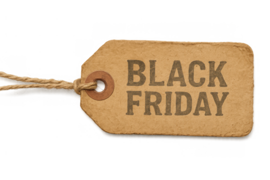Black friday sale tag on recycled cardboard paper with rope string, indicating special seasonal discount promotion