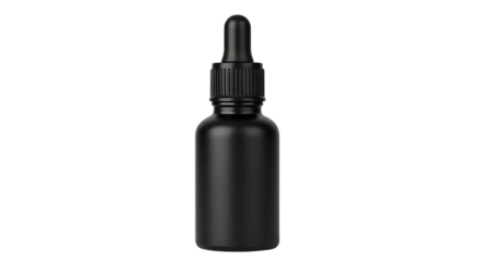 Elegant matte black dropper bottle for essential oils, serum or beauty products, ideal for cosmetic packaging mockups and branding projects with a modern minimalist style