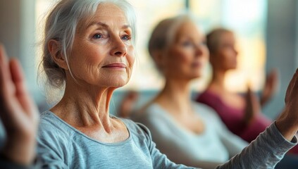 Three older women seated in a calm indoor group meditation and gentle stretching session with hands raised, focused peaceful expressions and soft light