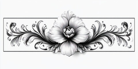 elegant monochrome ornamental panel with a large blooming flower centered, surrounded by symmetrical swirling acanthus leaves and ornate filigree