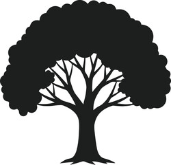 Silhouette of a large, leafy tree, isolated on white background, symbolizing nature, growth, and stability with a simple, elegant design