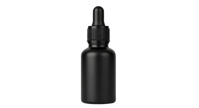 Elegant matte black dropper bottle for essential oils, serum or beauty products, ideal for cosmetic packaging mockups and branding projects with a modern minimalist style