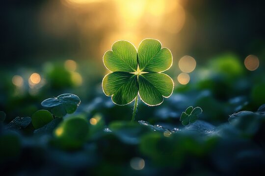 Backlit four-leaf clover rising above a dewy clover bed with golden bokeh sunlight, conveying calm, hope and quiet wonder