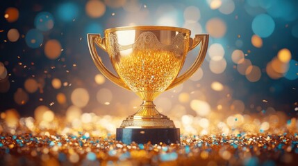 golden trophy cup on a black base surrounded by glittering confetti and bokeh lights, radiant celebratory mood conveying triumph and achievement