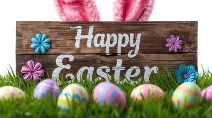 Happy easter message on rustic wood with colorful eggs and bunny ears