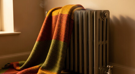 Warm up your visuals with this cozy blanket draped on a vintage radiator, perfect for home comfort ads or promoting a snug winter atmosphere, feel the relaxation