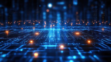 futuristic glowing blue circuit grid with orange light nodes and reflective data pathways receding into a digital cityscape, conveying an energetic high-tech atmosphere