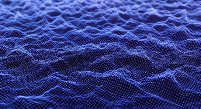 Futuristic digital wave pattern with glowing blue grid surface representing technology and virtual