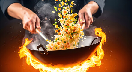 Chef plating Fried Rice wok flames are Used for Advertising Posters - 3