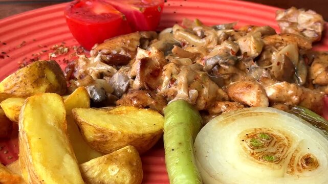 A vibrant plate featuring chicken and mushroom stroganoff served with golden potato wedges, a thick onion slice, a green chili, and a fresh tomato wedge.
