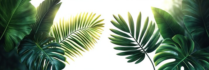 Large tropical green leaves including monstera, banana leaf and palm fronds framing a bright white background, evoking fresh calm and serene tropical tranquility