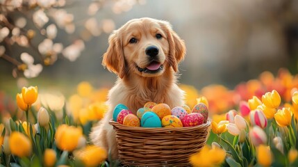 adorable golden retriever puppy sitting behind a wicker basket of colorful decorated eggs in a vibrant tulip field, joyful and playful spring morning