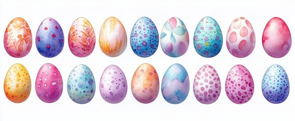 Twenty hand-painted watercolor eggs in pastel colors arranged in two rows on a white background, decorated with speckles, florals and playful patterns, cheerful mood