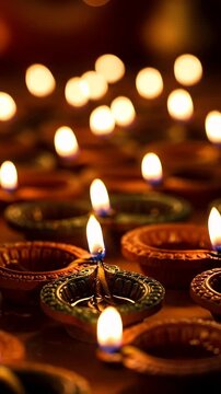 Row Of Traditional Clay Oil Lamps Lit At Night With Bokeh Lights