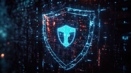 Glowing holographic shield composed of blue neon circuitry and red data particles floating over a dark digital matrix, evoking secure futuristic protection and vigilance