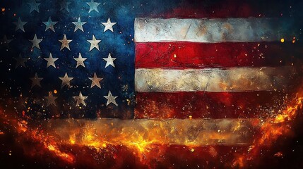Distressed American flag with stars and stripes in fiery embers and textured grunge, intense burning glow conveying turmoil and dramatic energy