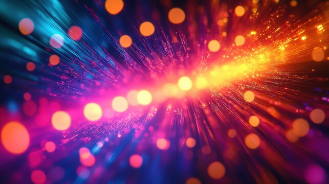 Vibrant burst of neon light streaks and glowing bokeh with dynamic motion and energetic futuristic glow