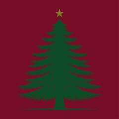 Green Christmas Tree with Golden Star on Red Background