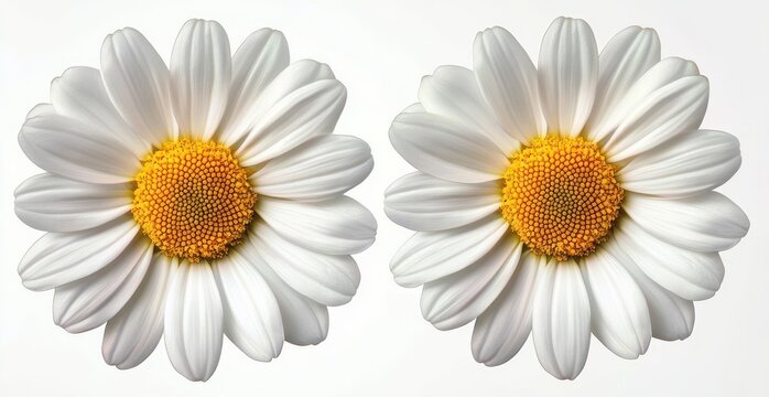 Two white daisies with bright yellow centers on a clean white background, close-up view conveying a fresh, cheerful and serene spring mood