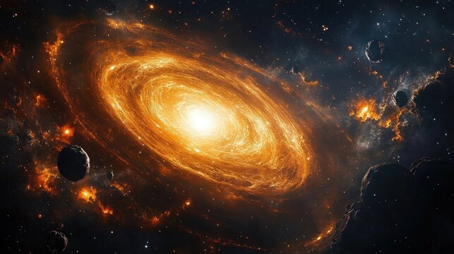 fiery glowing spiral galaxy with bright central core and orbiting asteroids, dramatic cosmic scene evoking awe and wonder