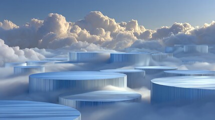 A breathtaking view of platform stages suspended amidst fluffy clouds in the sky landscape