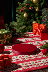 A simple holiday tabletop with a red plate, gifts, and a decorated tree. The composition feels...