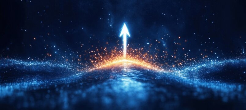luminous upward arrow of light rising from a sparkling blue particle wave with orange sparks against a starry dark sky, evoking energy momentum and hopeful ascent