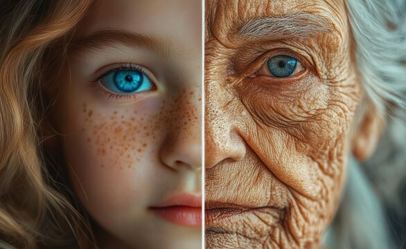 close-up contrast of wavy golden brown hair and silvery gray hair suggesting quiet connection and contemplative mood