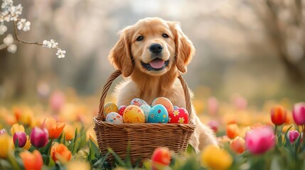 golden retriever puppy with wicker basket of colorful painted eggs sitting among tulips in a sunlit spring meadow, cheerful and playful
