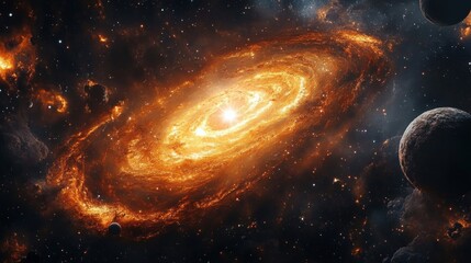 Majestic glowing orange spiral galaxy with radiant core, swirling dust and nearby rocky planets against a starfield, evoking awe and cosmic wonder