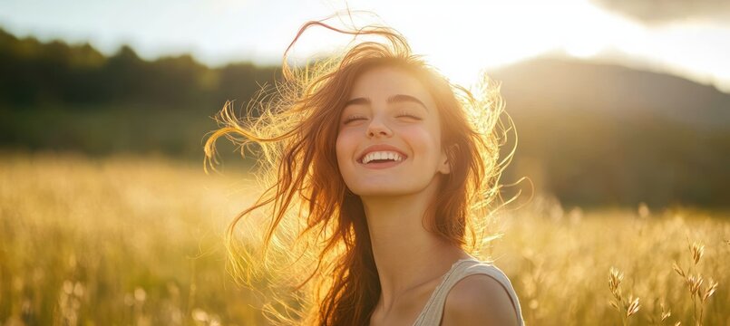 young woman with long red hair standing in a golden field at sunset hair blowing in the breeze peaceful joyful mood