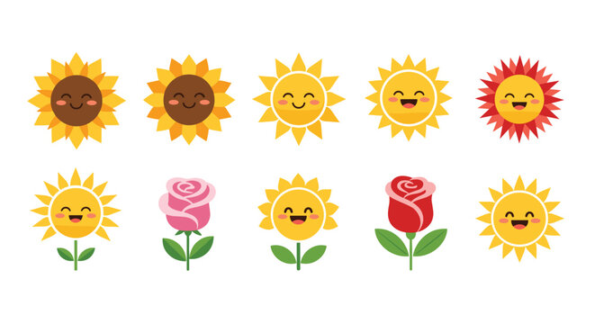 Cheerful sunflowers and roses with happy faces bring joy to any design creating a vibrant, positive, and inviting feel for any project or theme