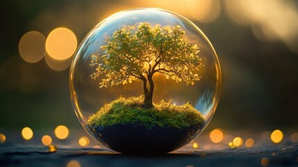 Small illuminated tree and green moss enclosed in a clear glass globe on a reflective surface with warm golden bokeh, evoking serenity and wonder