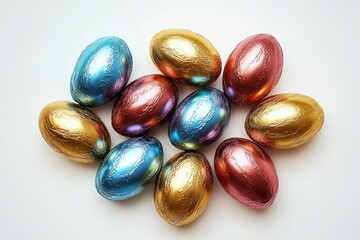 Eleven shiny foil-wrapped metallic chocolate eggs in blue, gold, copper and rose clustered on a white background, festive and joyful