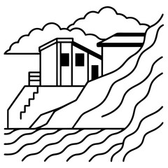 Houses on a cliff with stairs leading to the water isolated on