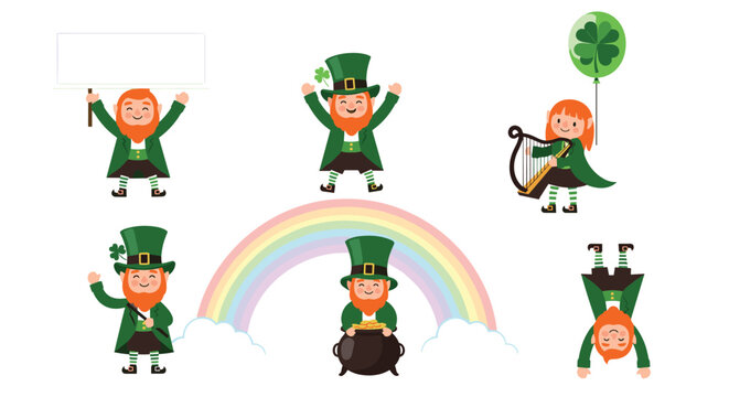 Celebrate St Patrick's Day with Lucky Leprechauns and Rainbows for Festive Fun, Charm, and Irish Cheer in this Whimsical Illustration