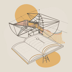 Open book with architectural design and sun illustration concept