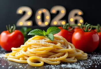 Gourmet spaghetti nest with glowing 2026 lights and cherry tomatoes, basil garnish and parmesan flakes, warm bokeh illumination. Holiday dinner for New Year.