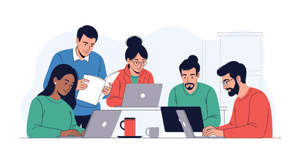 Dynamic team collaborating on laptops with fresh ideas and modern designs in a vibrant startup environment focused on innovation and growth together
