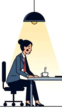 Sad Woman In Suit Works Under Lamp At Desk With Coffee