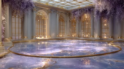 A Majestic Hall with Sparkling Reflections, Intricate Architecture and Floral Accents Creates a