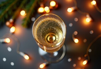 New Year background. Celebration with champagne, celebratory champagne setup adorned with golden bubbles and fairy lights, joyful festive scene showcasing sparkling drink with glowing lights.