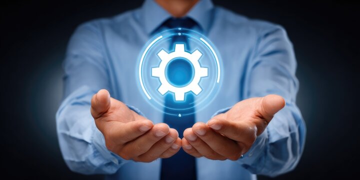 Innovative technology demonstration gear concept in hands corporate office digital visualization professional environment close-up future-driven solutions