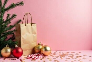 Paper bag with ornaments and confetti, festive flatlay with candy cane and evergreen branch, pastel pink backdrop with copy space. Cheerful holiday mood. Christmas marketing and craft promotions