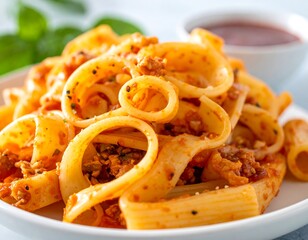 Delicious Pasta Dish with Rich Tomato Sauce and Fresh Basil.