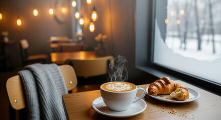 Cozy winter vibes with steaming latte art and fresh croissants, perfect for a relaxing morning at a trendy cafe enjoying a delicious treat in a warm atmosphere