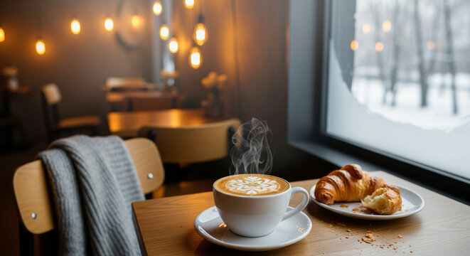 Cozy winter vibes with steaming latte art and fresh croissants, perfect for a relaxing morning at a trendy cafe enjoying a delicious treat in a warm atmosphere