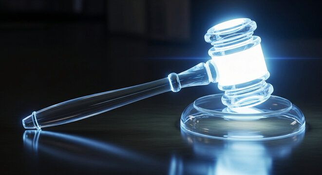 Striking luminous gavel poised for action, embodying justice, authority, and legal precision in a modern and compelling way, perfect for law firms and legal content