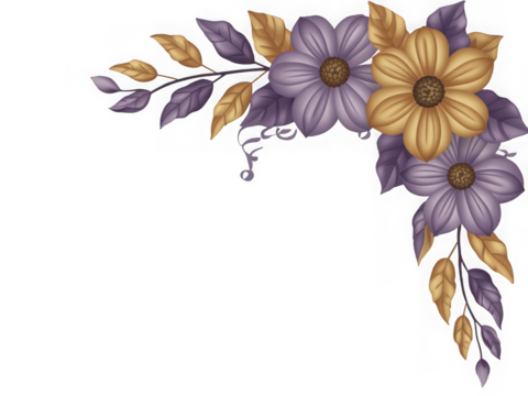 Floral corner arrangement with purple and gold flowers isolated on transparent background