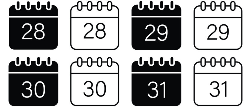 December 31st date. date 31, 28, 29, 30. Lip year date, Last Date of the month calendar icon set. New Year's Eve celebration. Vector illustration on white background. 